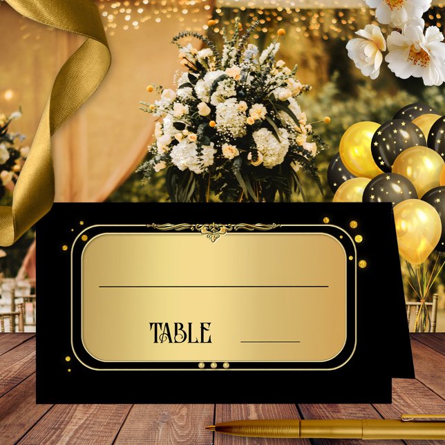 Black Gold Confetti Wedding Tischnummer Platzkarte (Wedding place card in art deco style featuring a gold black design with sparkling gold confetti)