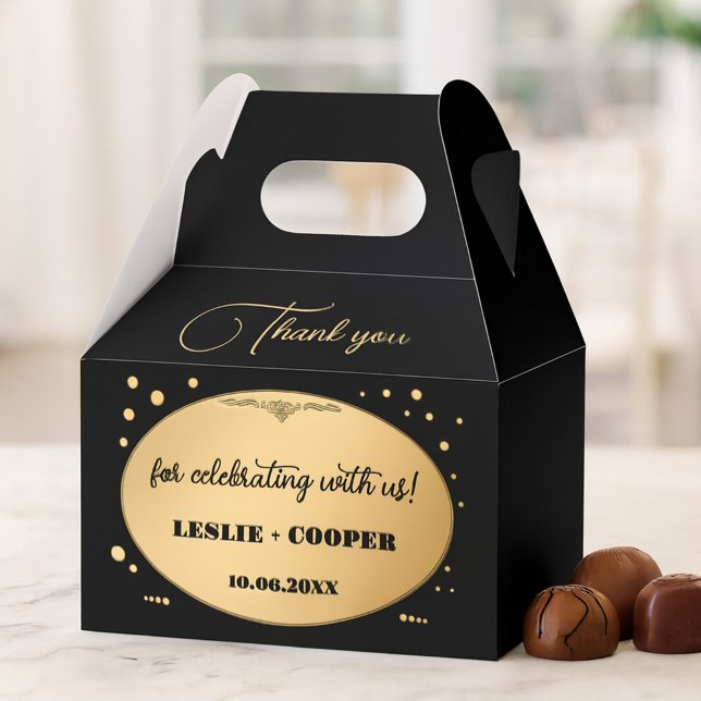 Black Gold Confetti Wedding Vielen Dank Geschenkschachtel (Wedding favor box featuring a stylish gold and black art deco design with sparkling gold confetti.)