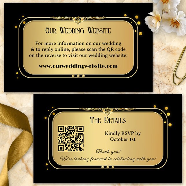 Black Gold Confetti Wedding Website Begleitkarte (Elegant wedding enclosure card featuring a gold black design with sparkling gold confetti.)
