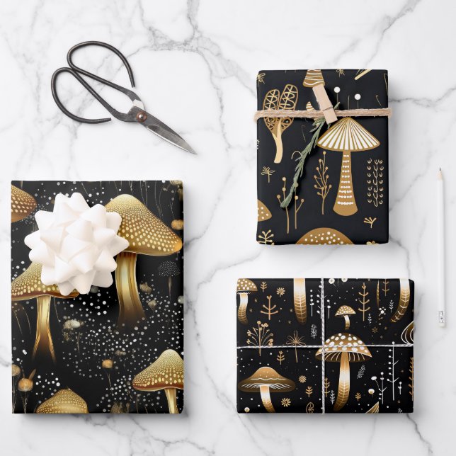 Black & Gold Cottage Mushroom Trio Geschenkpapier Set (Vorderseite)