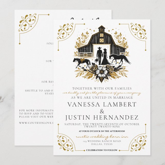 Black & Gold Country Hochzeit mit Details Einladung (Vorne/Hinten)