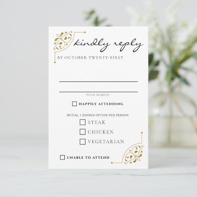Black & Gold Country Hochzeitsnahrung RSVP Karte (Stehend Vorderseite)