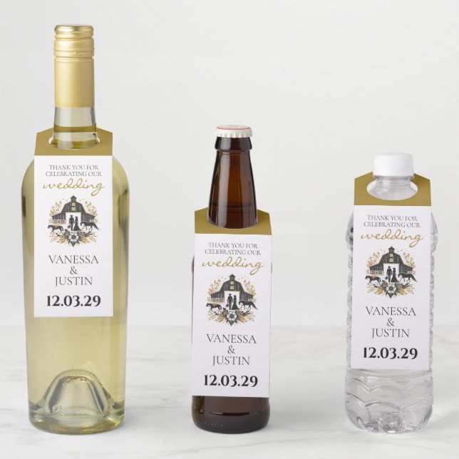 Black & Gold Country Wedding Flaschenanhänger (Beispiel)