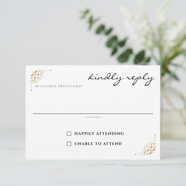 Black & Gold Country Wedding RSVP Karte (Stehend Vorderseite)