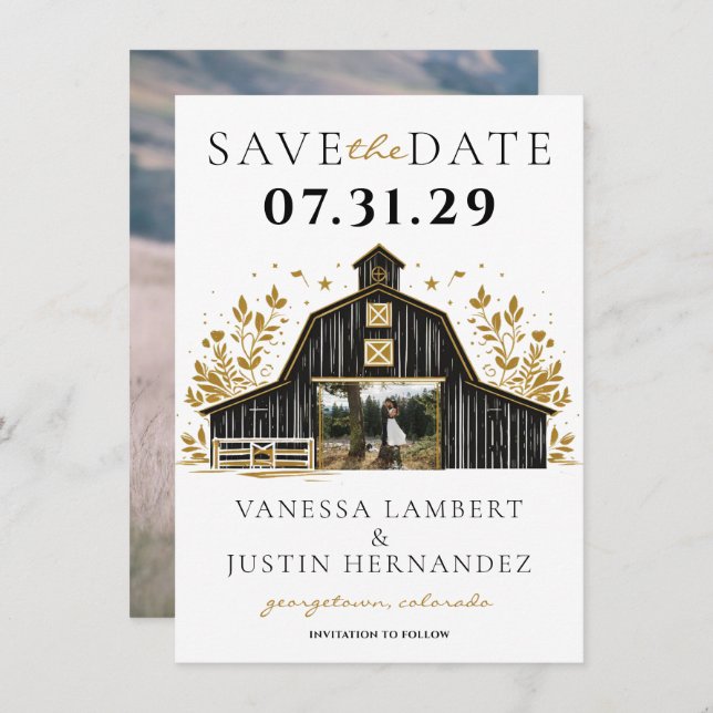 Black & Gold Country Wedding Save The Date (Vorne/Hinten)