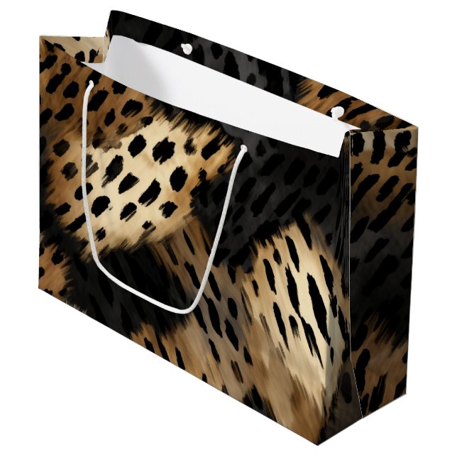 Black Gold Creme Leopard Animal Print Große Geschenktüte (Vorderseite Schrägansicht)
