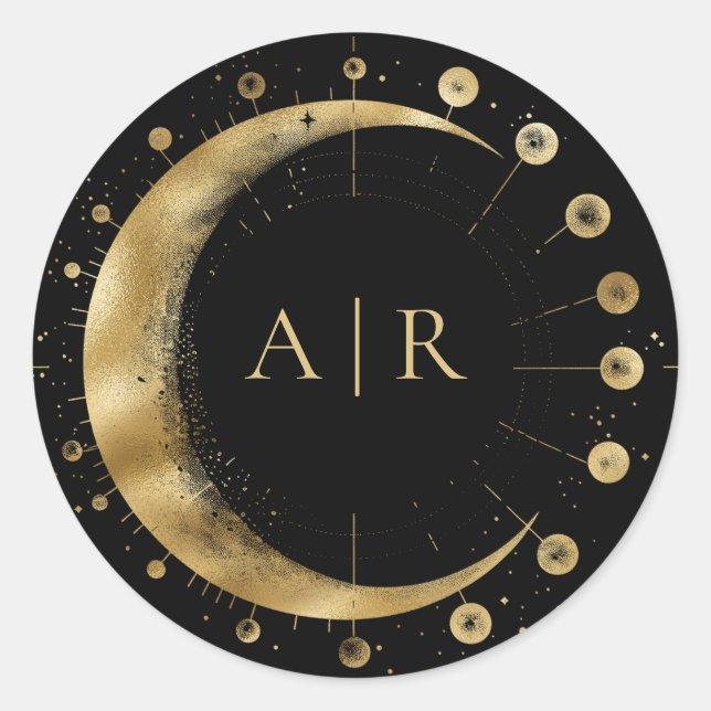 Black Gold Crescent Moon Wedding Umschlag Aufklebe Runder Aufkleber (Vorderseite)