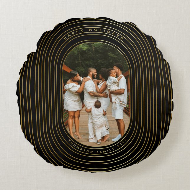 Black Gold Custom Foto Family Weihnachten Rundes Kissen (Vorderseite)