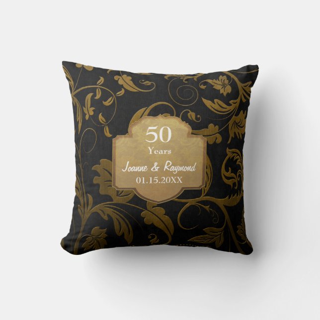 Black & Gold Damask 50th Wedding Anniversary 2c Kissen (Vorderseite)