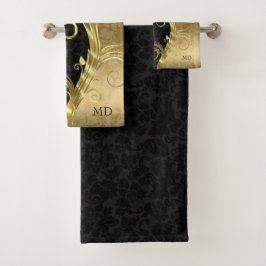 Black & Gold Damask Badhandtuch Set