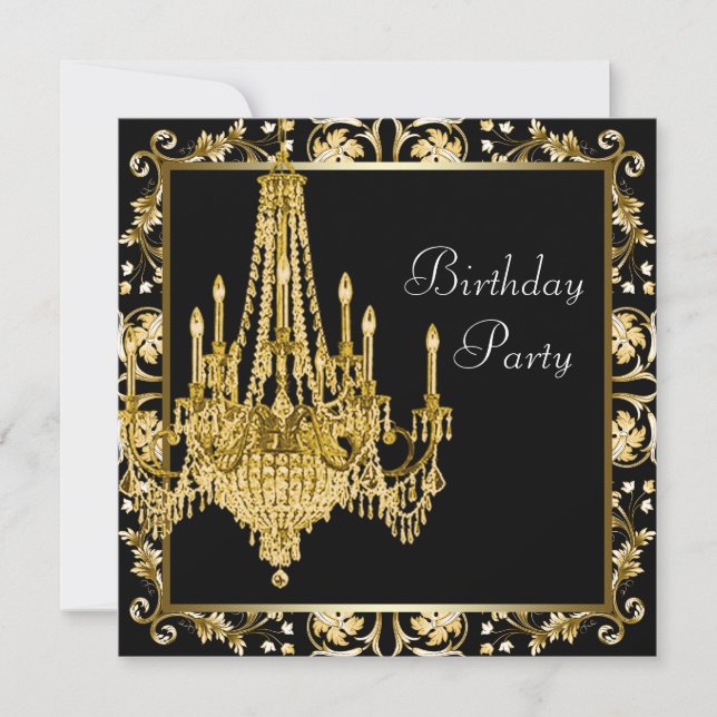 Black Gold Damask Chandelier Birthday Party Einladung (Vorderseite)