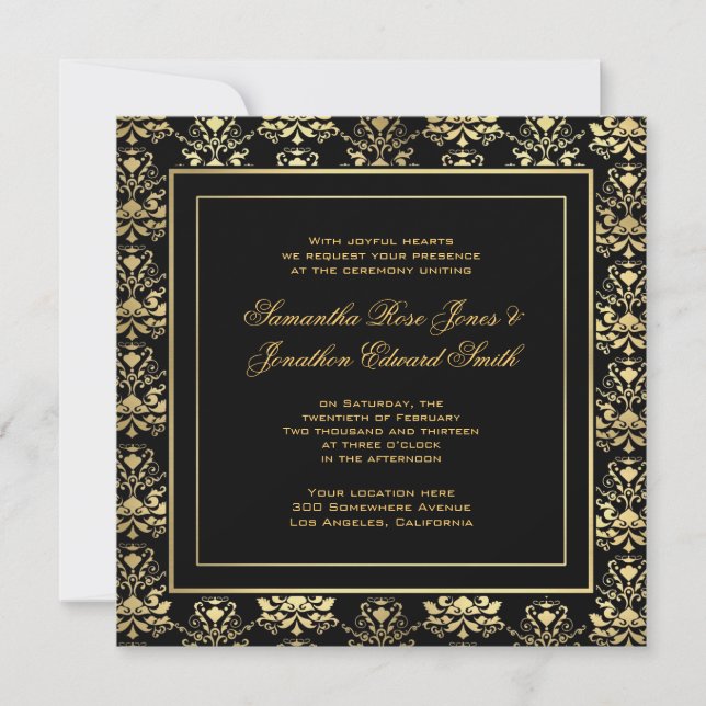 Black & Gold Damask Einladung (Vorderseite)