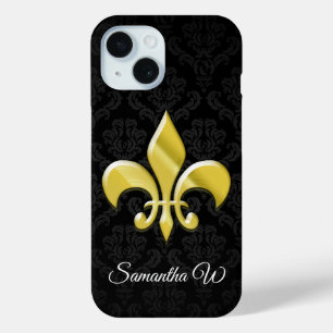 Black/Gold Damask Fleur de Lis iPhone 15 Hülle