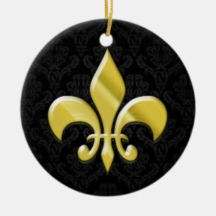 Black/Gold Damask Fleur de Lis Keramikornament