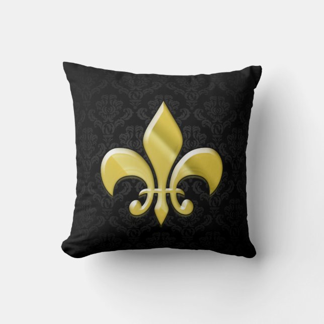 Black/Gold Damask Fleur de Lis Kissen (Vorderseite)