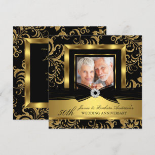 Black Gold Damask Foto 50. Hochzeitstag Einladung
