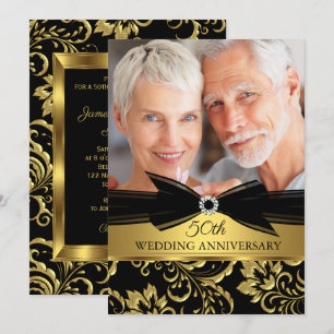 Black Gold Damask Foto zum Hochzeitstag Einladung