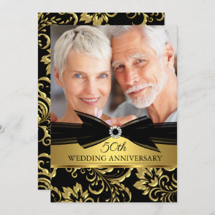 Black Gold Damask Foto zum Hochzeitstag Einladung