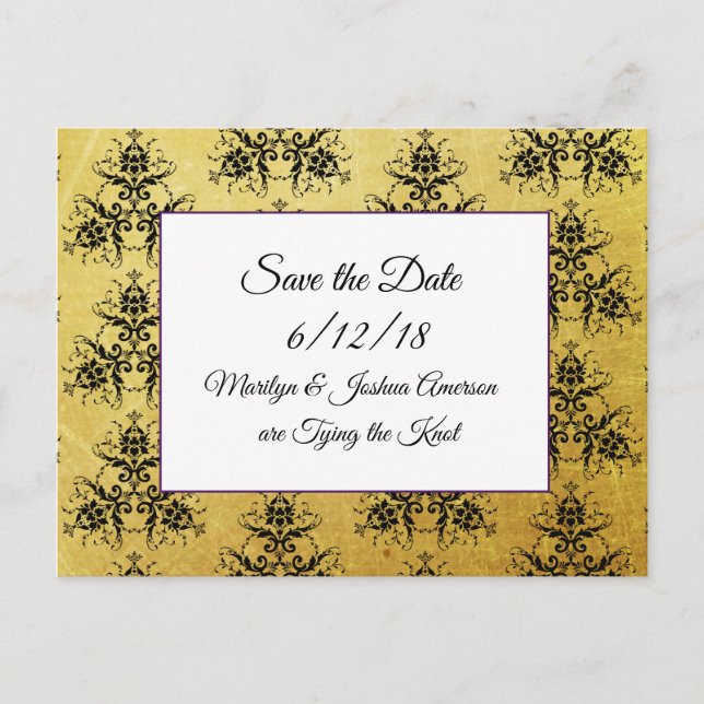 Black Gold Damask Hochzeitskarten Save the Date Po Postkarte (Vorderseite)