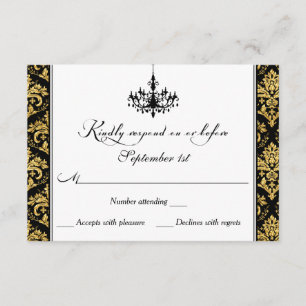 Black, Gold Damask, Kronleuchter-Antwortkarte RSVP Karte
