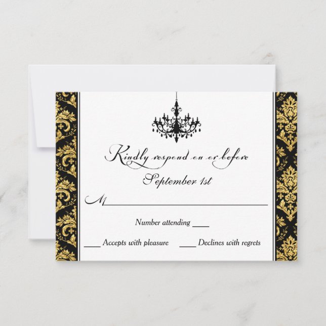 Black, Gold Damask, Kronleuchter-Antwortkarte RSVP Karte (Vorderseite)