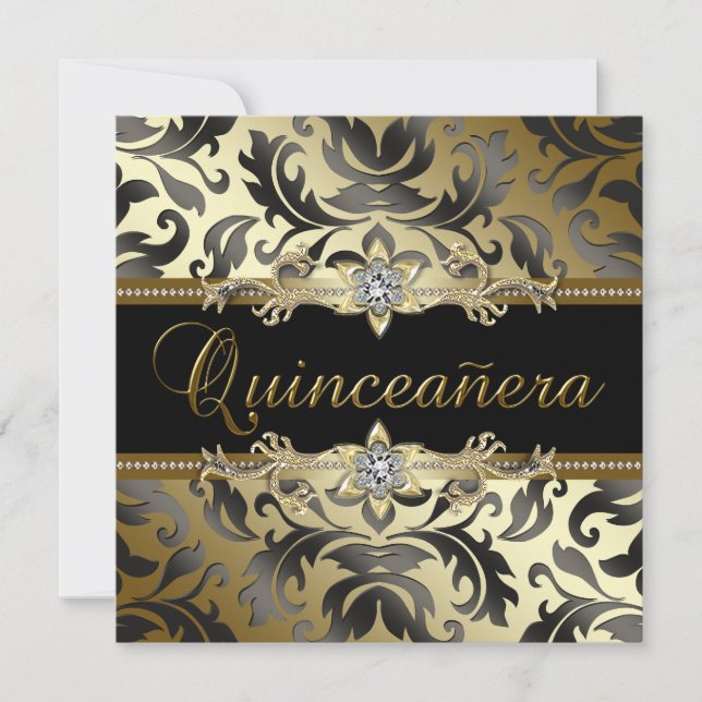 Black Gold Damask Quinceanera Einladung (Vorderseite)