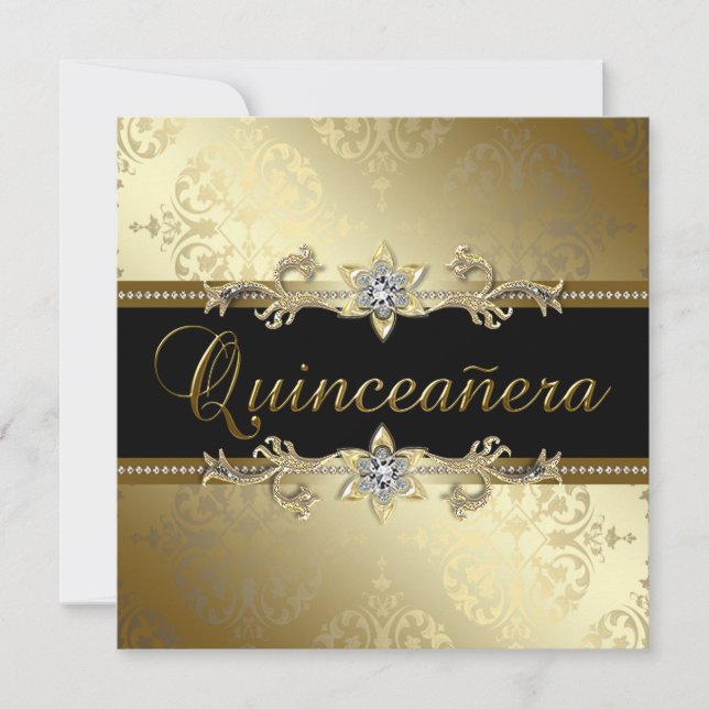 Black Gold Damask Quinceanera Einladung (Vorderseite)