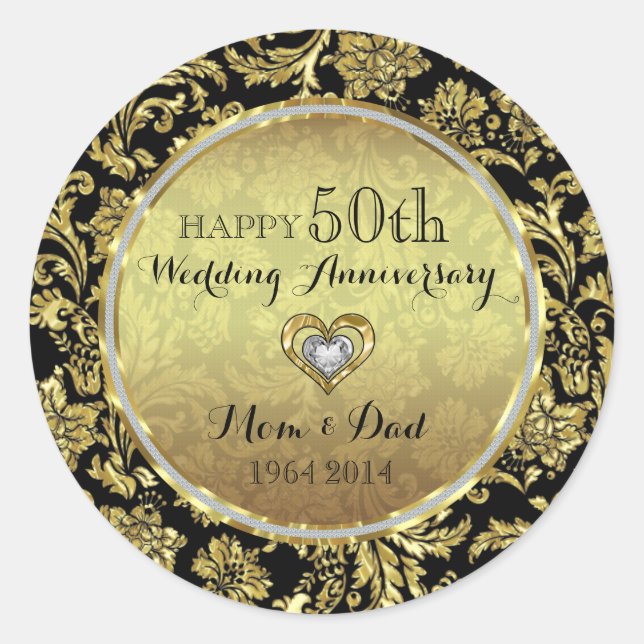 Black & Gold Damaskus 50. Hochzeitstag Runder Aufkleber (Vorderseite)