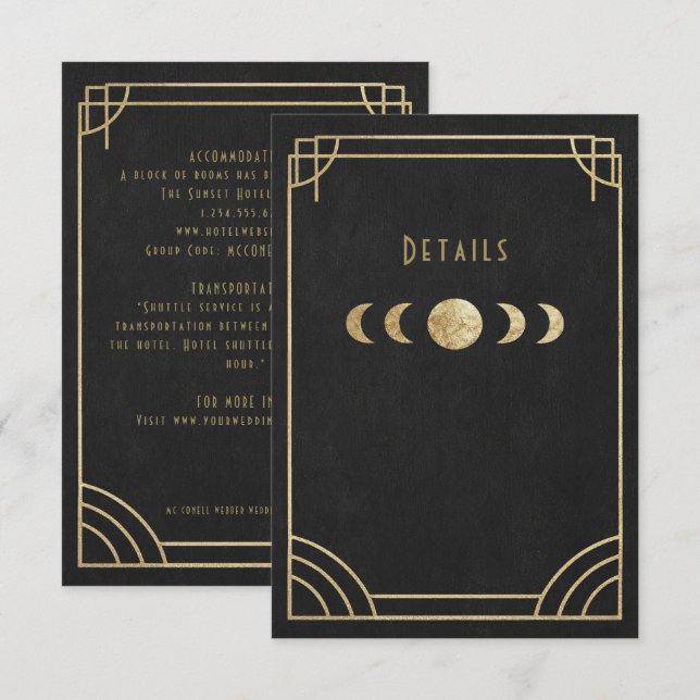 Black & gold deco wedding details card begleitkarte (Vorne/Hinten)