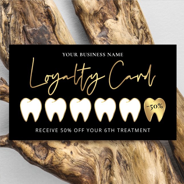 Black & Gold Dentist Logo Lux Moderner Orthodontis Treuekarte (Luxurious black and gold dental customer loyalty cards with gold foil effect)