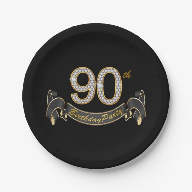 Black Gold Diamond 90. Geburtstagsfeier Pappteller (Vorderseite)