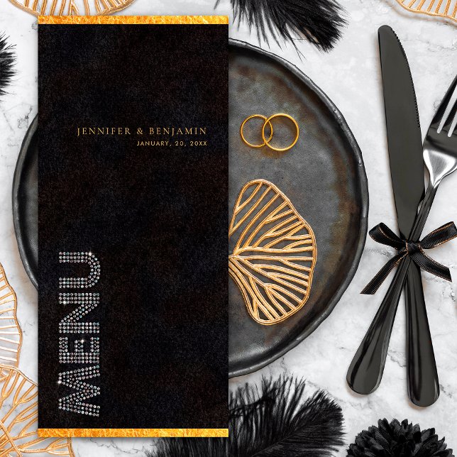 Black Gold Diamond Hochzeitsempfehlung Abendmenü Menükarte (Front)