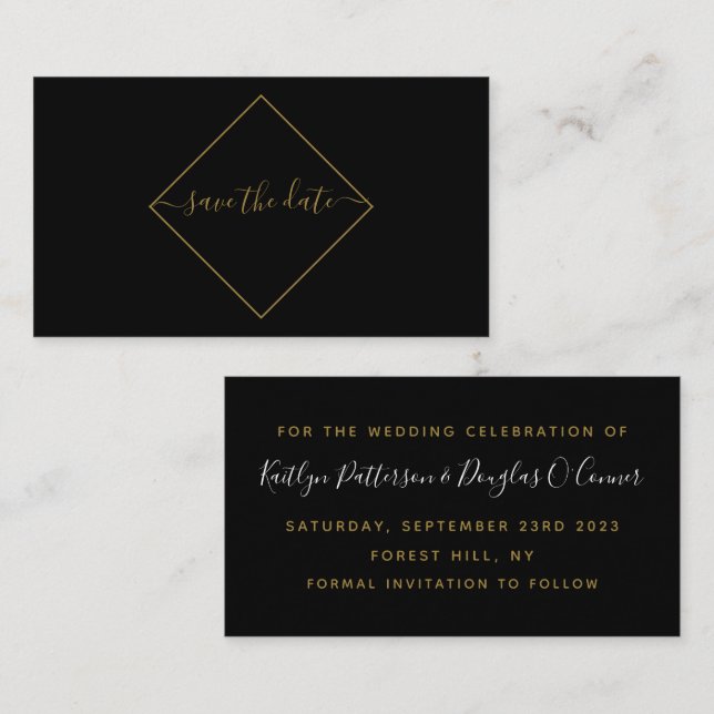Black & Gold Diamond Save the Date Card Visitenkarte (Vorne/Hinten)