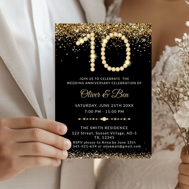 Black & Gold Diamonds 10th Anniversary Einladung (Gold Diamonds 10th Anniversary Invitation)