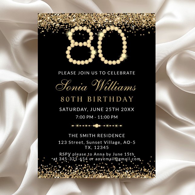 Black Gold Diamonds 80th Birthday Party Invitation Einladung (Gold Diamonds 80th Birthday Party Invitation)