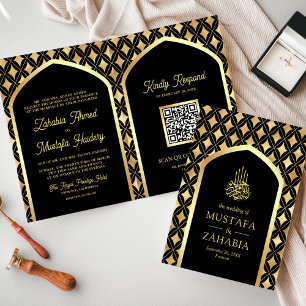 Black Gold Diamonds Arch QR Code Muslime Hochzeit Einladung