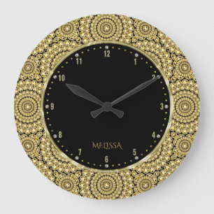 Black & Gold Diamonds Glitter Geometric Pattern Große Wanduhr