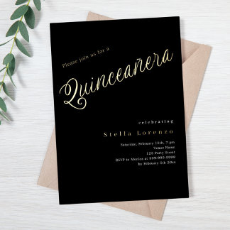 Black Gold-Drehbuch elegante Quinceanera Folieneinladung
