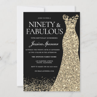 Black Gold Dress 90 & Fabulous 90. Geburtstag Einladung