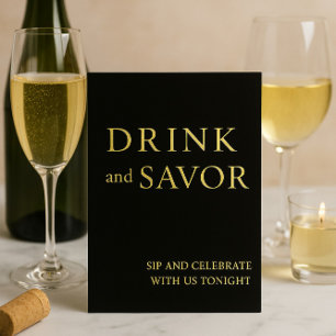 Black & Gold Drink & Savor Wedding Bar Sign Foil Folien Feiertagskarte