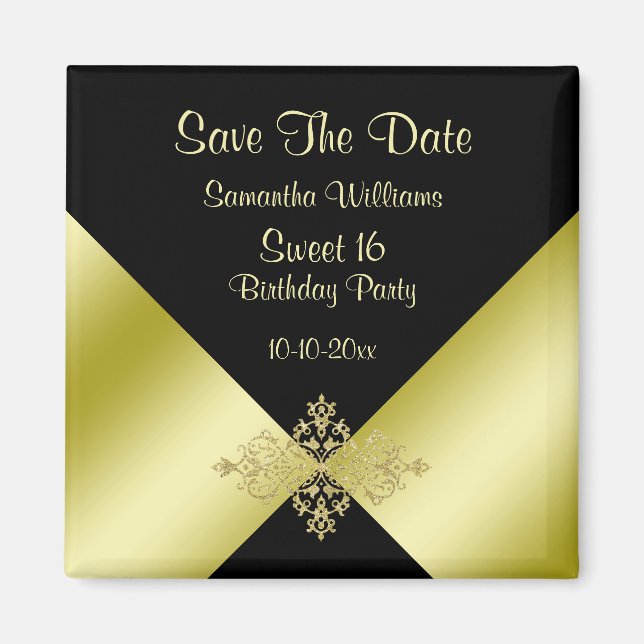 Black & Gold Elegance Sweet 16 Save the Date Magnet (Vorne)