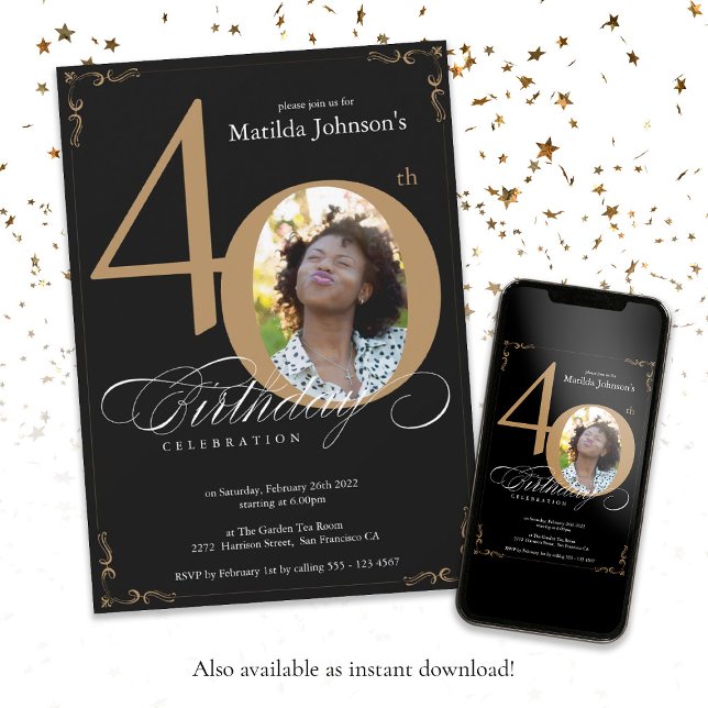 Black Gold Elegant Calligraphy Foto 40. Geburtstag Einladung (Black Gold Elegant Calligraphy Photo 40th Birthday Invitation)