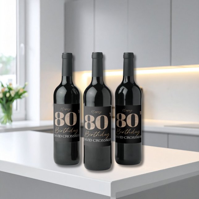 Black & Gold Elegant Glitter 80th Birthday  Weinetikett (Von Creator hochgeladen)
