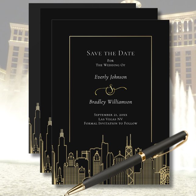 Black Gold Elegant Las Vegas Skyline Save the Date Einladung (Von Creator hochgeladen)
