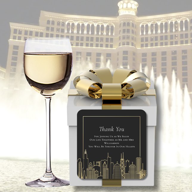 Black Gold Elegant Las Vegas Skyline Thank You Quadratischer Aufkleber (Von Creator hochgeladen)