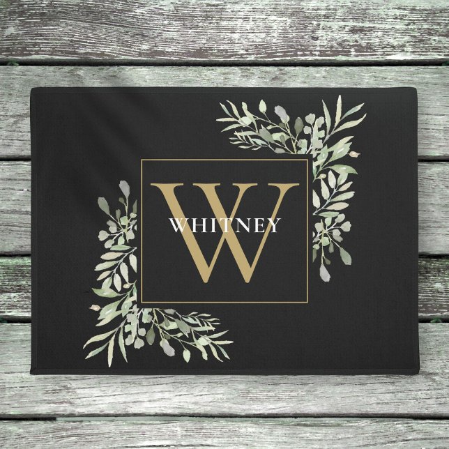 Black Gold Elegant Monogram Greenery Fußmatte (Von Creator hochgeladen)