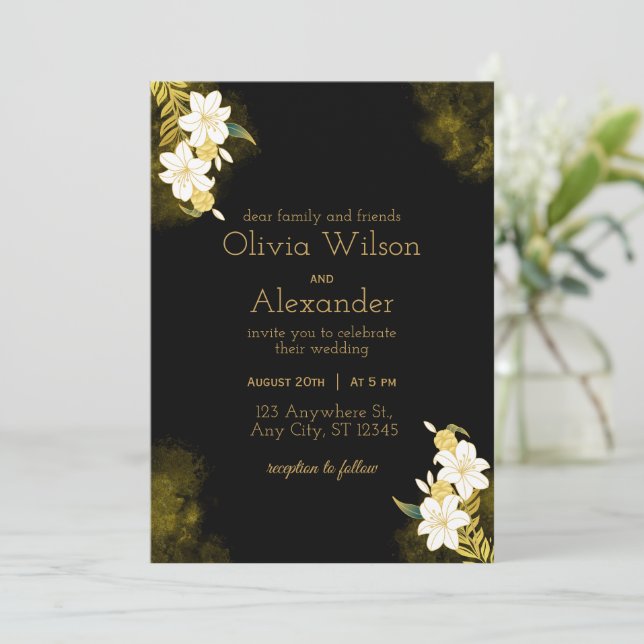 Black Gold Elegante Einladung zur Hochzeit (Stehend Vorderseite)