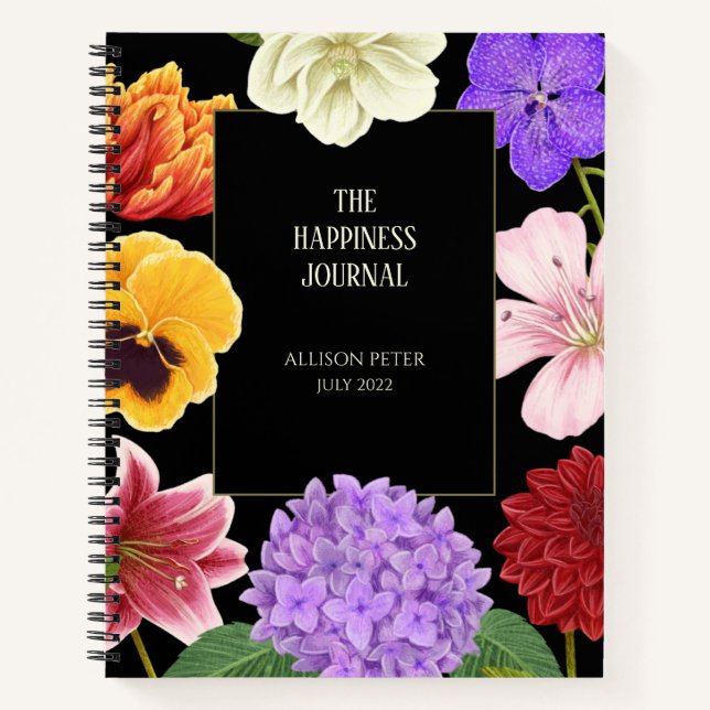 Black Gold Elegante Floral Happiness Journal Notizbuch (Vorderseite)