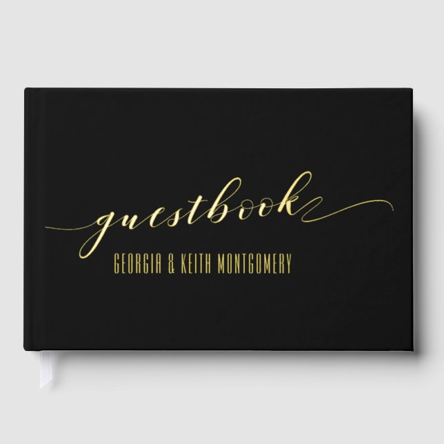 Black & Gold Elegante Hochzeit Gästebuch (Vorderseite)