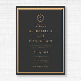 Black Gold Elegante Moderne Mit Monogramm Hochzeit Einladung